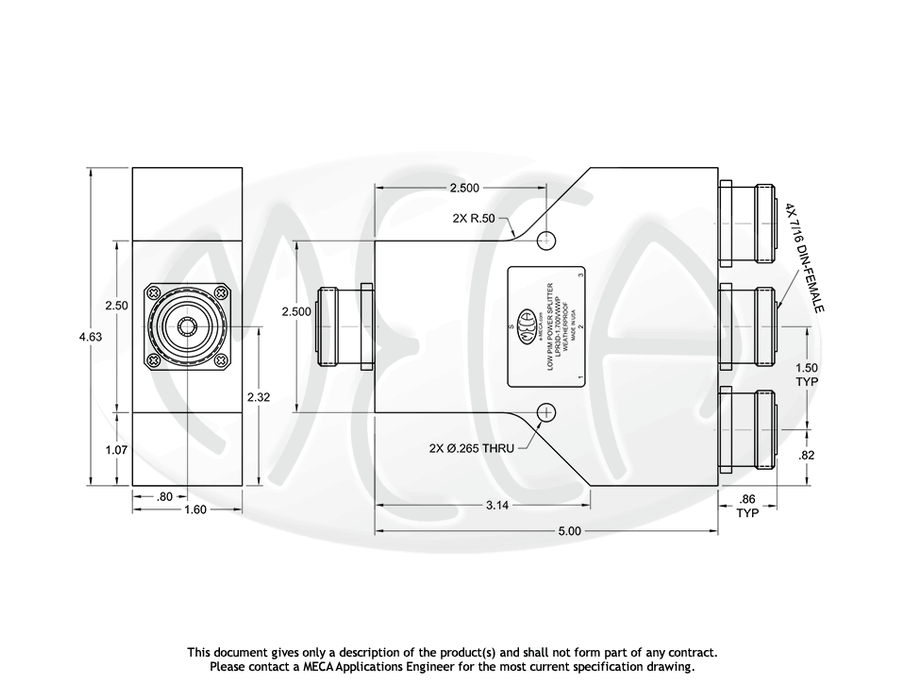 LPR3D-1.700VWWP Low PIM 2-way Power Splitter 7/16 DIN-Female connectors drawing