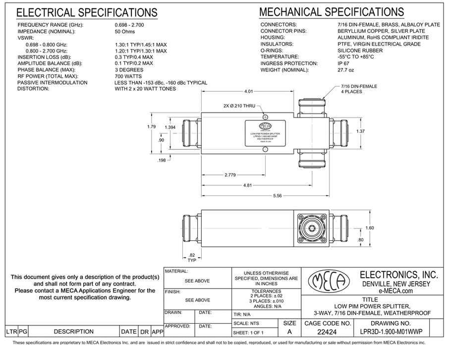 LPR3D-1.900-M01WWP Low PIM Power Splitters electrical specs