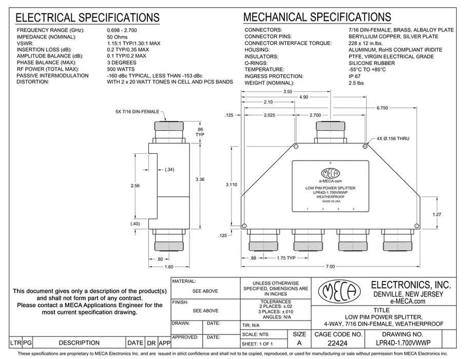 LPR4D-1.700VWWP Low PIM Power Splitter electrical specs 7/16 DIN-Female