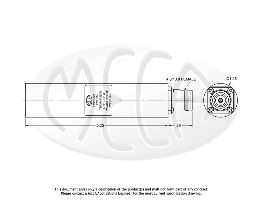 LPT10-4310F Low PIM 10 Watts Termination 4.3/10.0 Female connectors drawing
