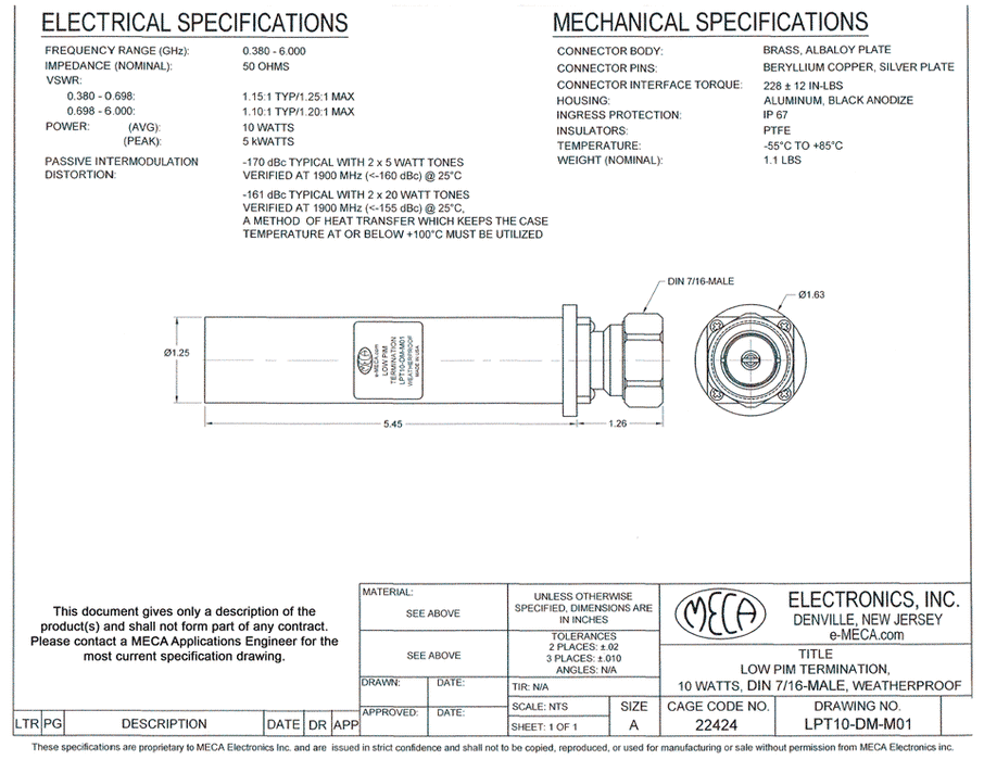 LPT10-DM-M01 Low PIM Termination electrical specs
