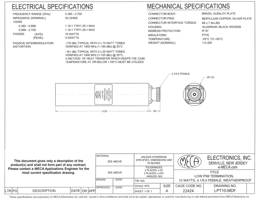 LPT10-MDF Low PIM RF Termination electrical specs
