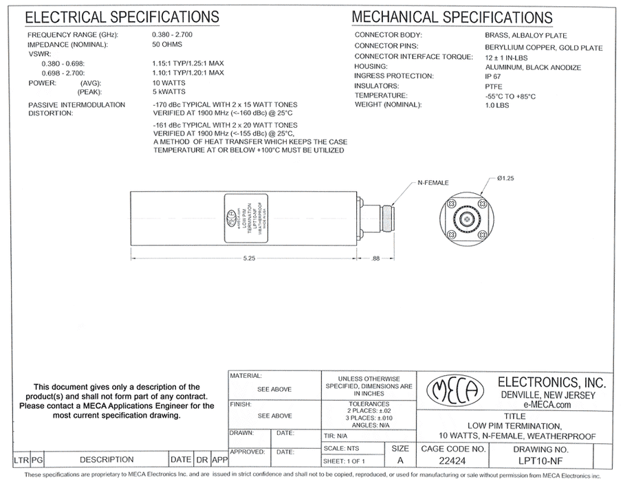 LPT10-NF Low PIM Termination electrical specs