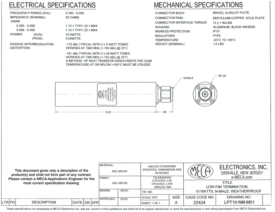 LPT10-NM-M01 Low PIM Termination electrical specs