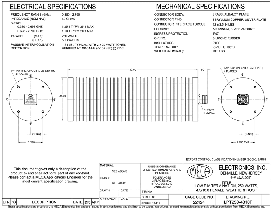 LPT250-4310F 250 Watt Low PIM Termination electrical specs