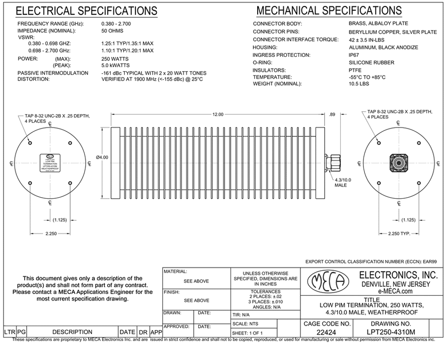 LPT250-4310M 250 watt Low PIM Terminations electrical specs