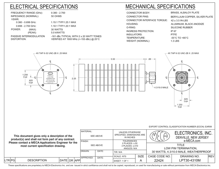 LPT30-4310M 30 Watt Low PIM Termination electrical specs
