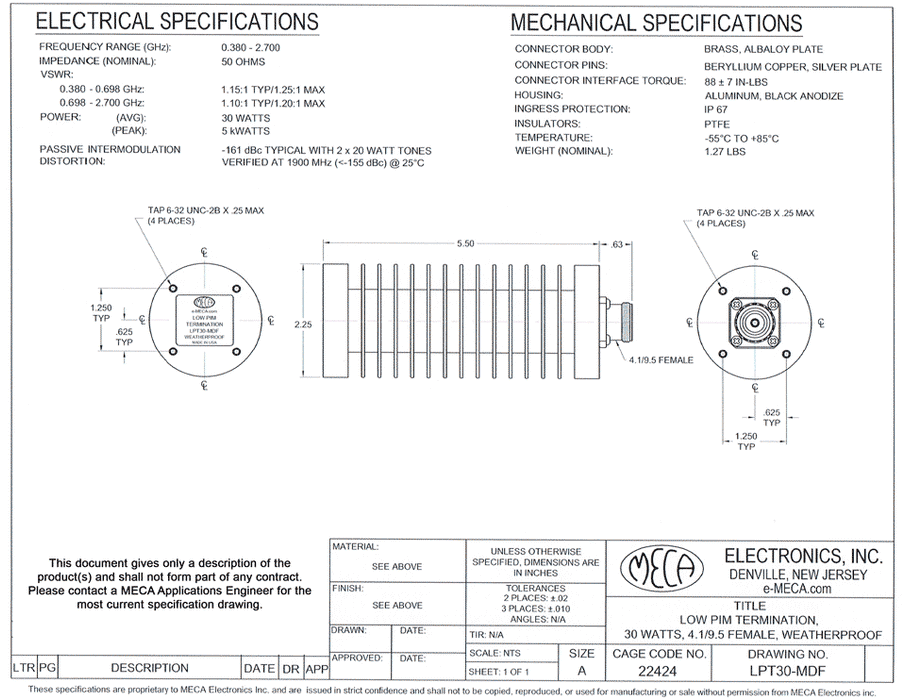 LPT30-MDF 30W Low PIM Terminations electrical specs