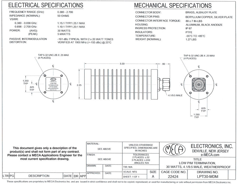 LPT30-MDM 30 Watts Low PIM Termination electrical specs