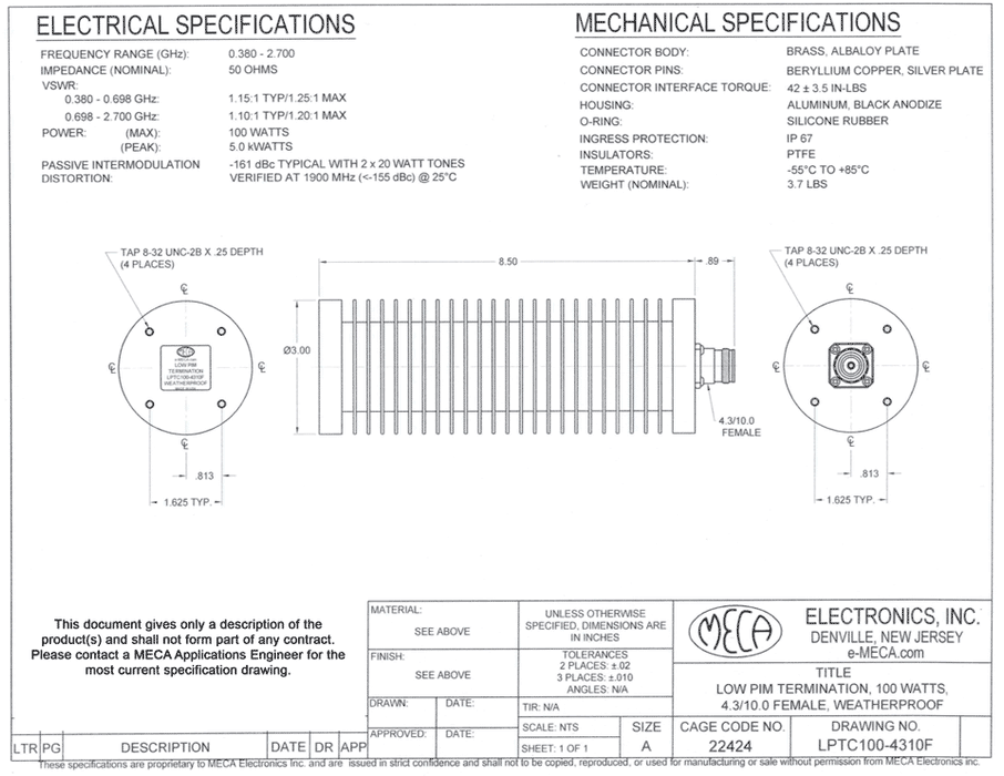 LPTC100-4310F Low PIM RF Terminations electrical specs
