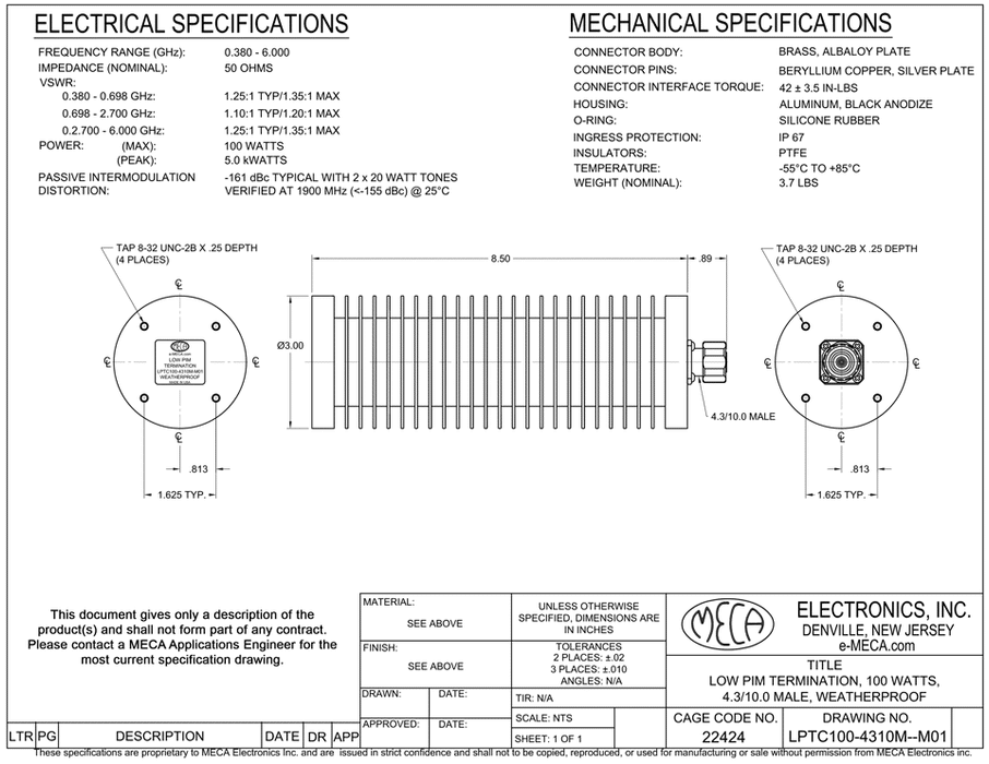 LPTC100-4310M-M01, 4.3/10.0 Male, 100 Watts, 0.380-6.000 GHz