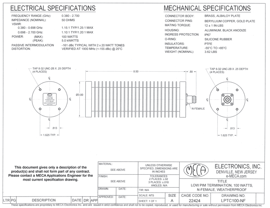 LPTC100-NF 100W Low PIM RF Termination electrical specs