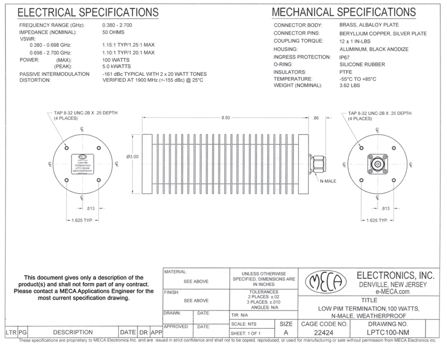 LPTC100-NM Low PIM RF Terminations electrical specs
