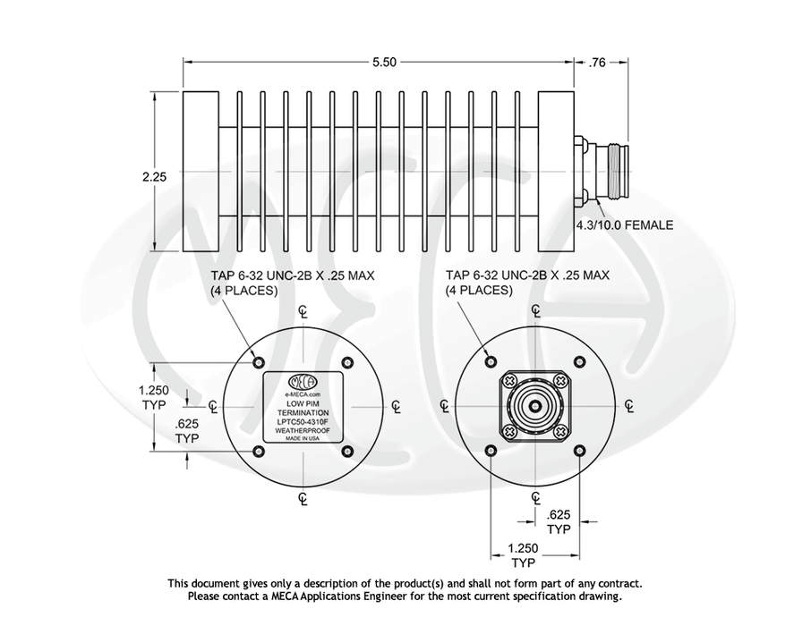 LPTC50-4310F Low PIM Terminations 50 Watts 4.3/10.0 Female connectors drawing