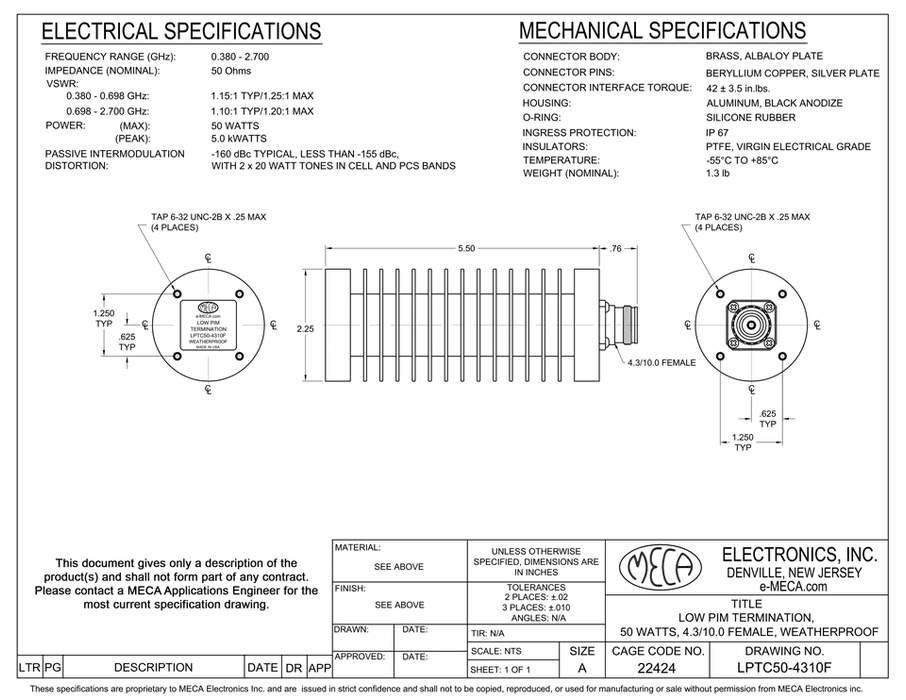 LPTC50-4310F 50 Watts Low PIM Terminations electrical specs