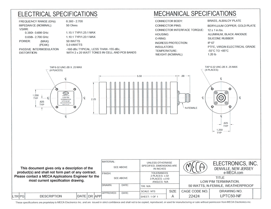 LPTC50-NF Low PIM RF Termination electrical specs