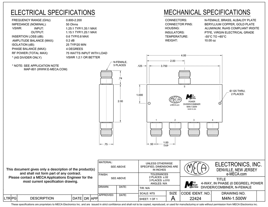 M4N-1.500W 4-W N-Female Power Divider electrical specs
