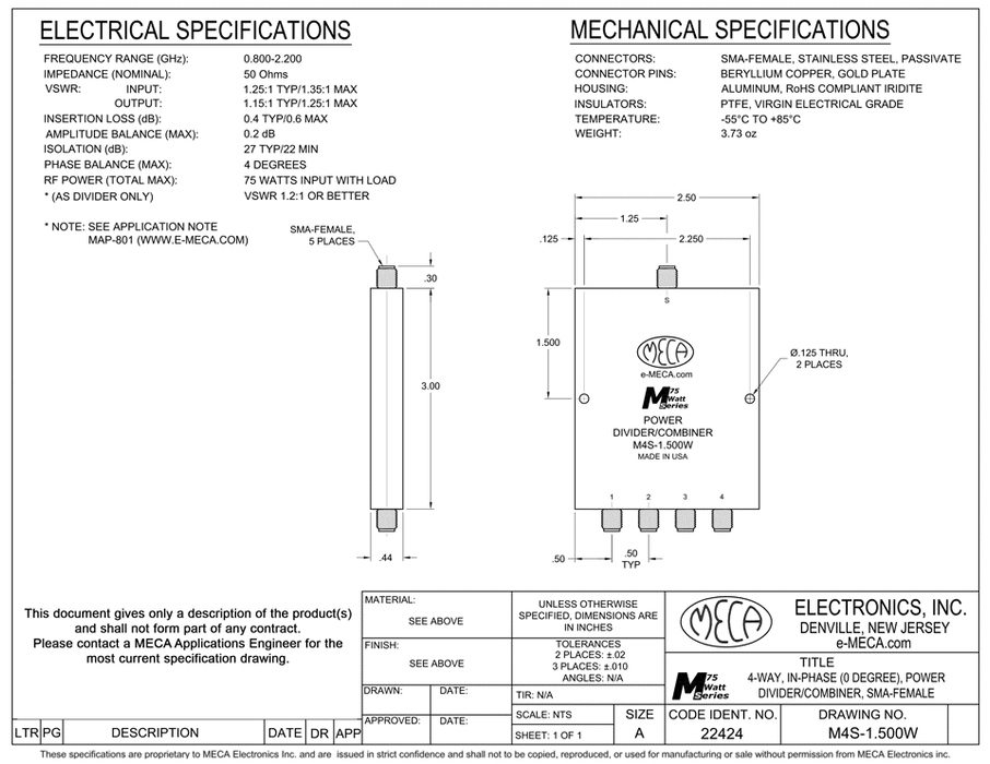 M4S-1.500W 4-W SMA-Female Power Divider electrical specs