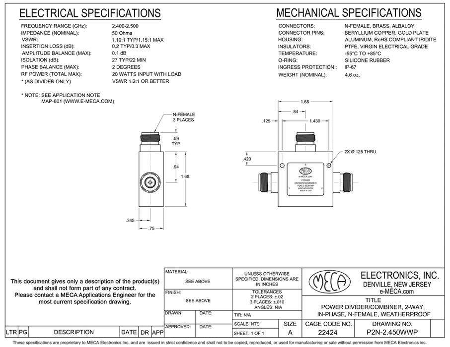 P2N-2.450WWP 2-W N-Female Power Dividers electrical specs