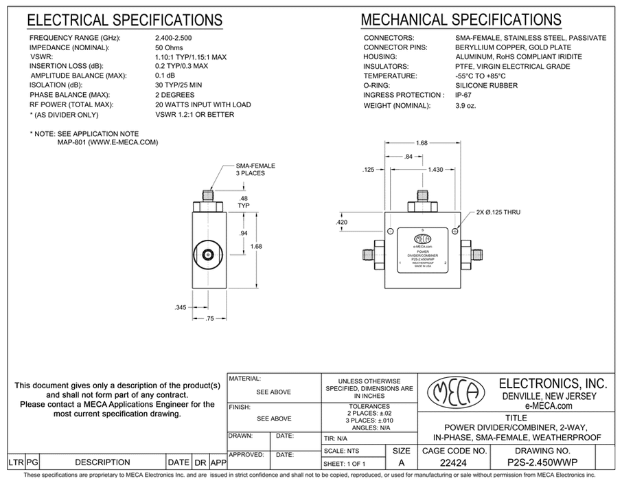 P2S-2.450WWP 2-W SMA-Female Power Dividers electrical specs