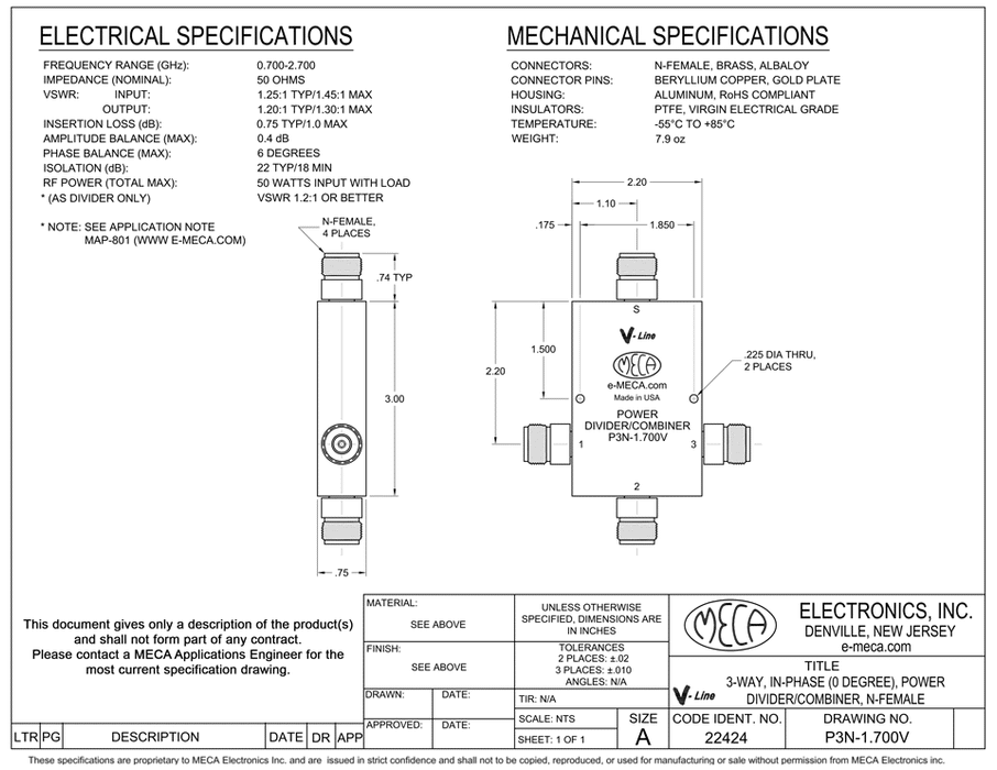 P3N-1.700V 3-W N-Female Power Divider electrical specs