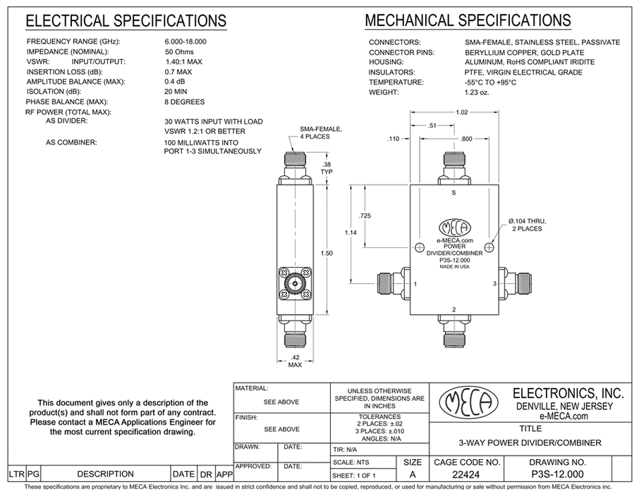 P3S-12.000 3-W S-F Power Dividers electrical specs