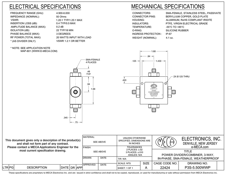 P3S-5.500WWP 3W S-F Power Dividers electrical specs