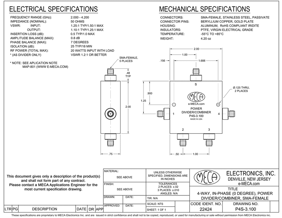 P4S-3.100 4W S-F Power Divider electrical specs
