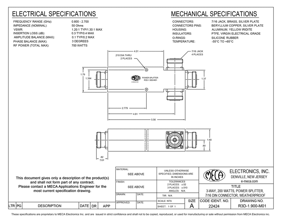 R3D-1.900-M01 Power Splitter electrical specs