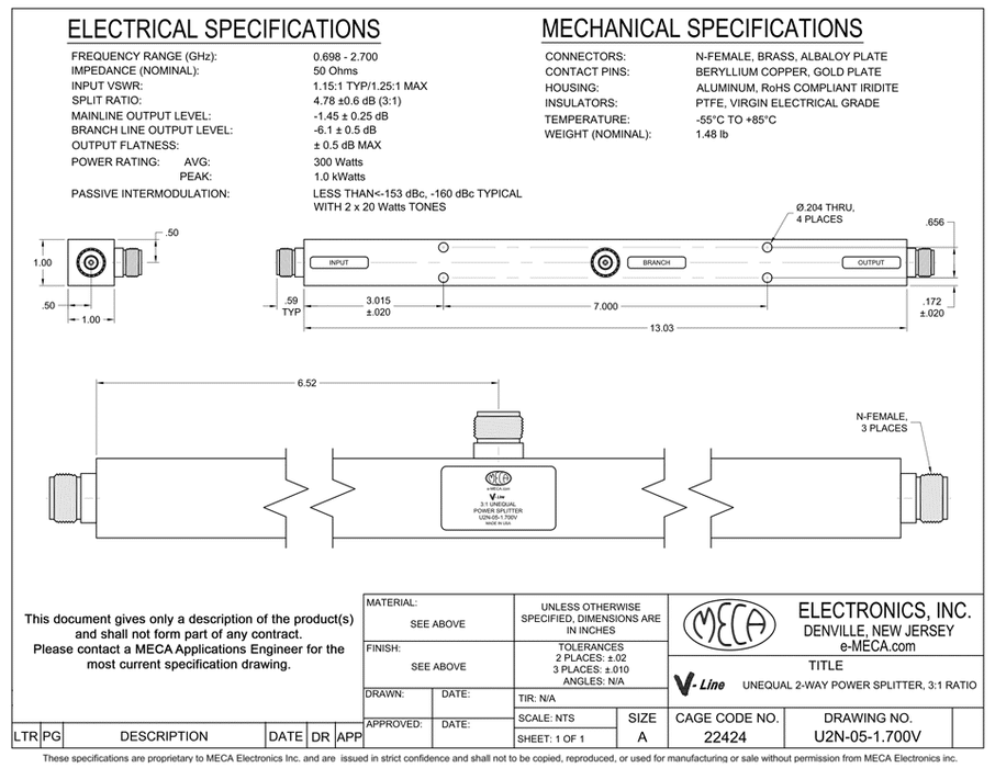 U2N-05-1.700V Unequal Tappers electrical specs