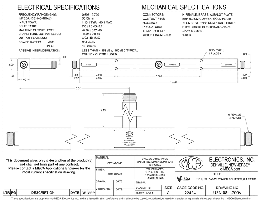 U2N-08-1.700V Unequal Split Tappers electrical specs